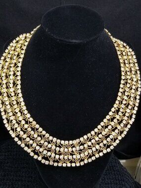 Juliana Vintage Rhinestone Chunky Bib Collar Statement Necklace Gold Scroll